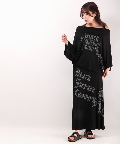 BLACK JACKALL CROWN(ブラックジャッカルクラウン)の「BLACK JACKALL CROWN レーヨン天竺 ロゴプリント ロングスカート(スカート・レディース・ブラック・M)」の9枚目の写真