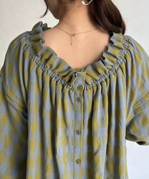 CAPRICIEUX LE'MAGE（カプリシューレマージュ）の「チェックギャザーネックワンピース（ワンピース・レディース・ネイビー/グリーン系その他・FREE）」の7枚目の写真