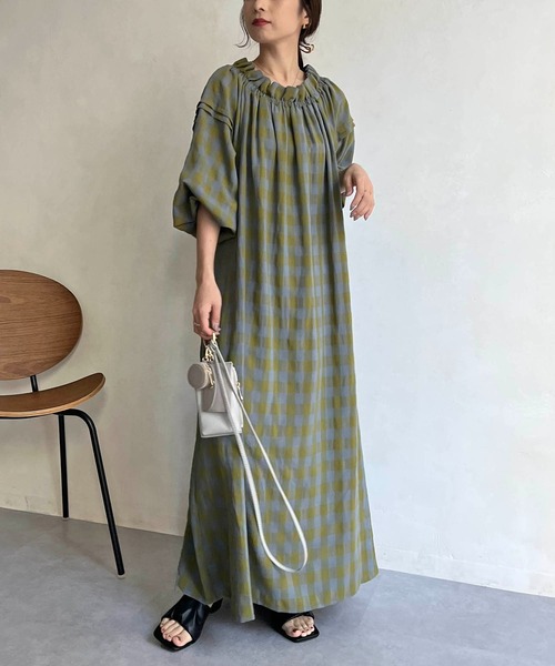 CAPRICIEUX LE'MAGE（カプリシューレマージュ）の「チェックギャザーネックワンピース（ワンピース・レディース・ネイビー/グリーン系その他・FREE）」の14枚目の写真