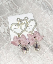 リボンビジュ付きパールハートイヤリング