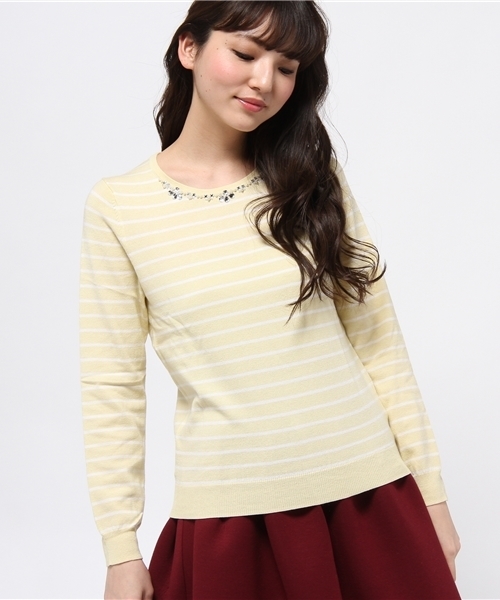 earth music&ecology（アースミュージックアンドエコロジー）の「ボーダービジューニットプルオーバー（ニット/セーター・レディース・アイボリー/ライトピンク/ライトイエロー/ライトグリーン/サックスブルー/ネイビー・MEDIUM/SMALL）」の5枚目の写真