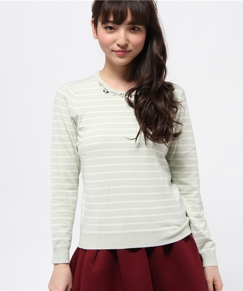 earth music&ecology（アースミュージックアンドエコロジー）の「ボーダービジューニットプルオーバー（ニット/セーター・レディース・アイボリー/ライトピンク/ライトイエロー/ライトグリーン/サックスブルー/ネイビー・MEDIUM/SMALL）」の3枚目の写真