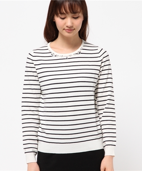 earth music&ecology（アースミュージックアンドエコロジー）の「ボーダービジューニットプルオーバー（ニット/セーター・レディース・アイボリー/ライトピンク/ライトイエロー/ライトグリーン/サックスブルー/ネイビー・MEDIUM/SMALL）」の7枚目の写真