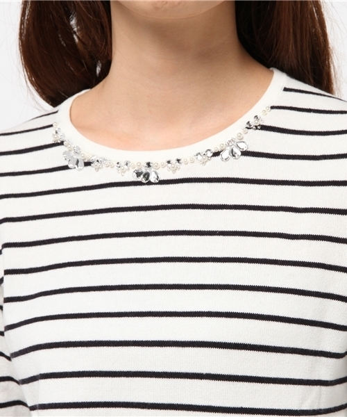 earth music&ecology（アースミュージックアンドエコロジー）の「ボーダービジューニットプルオーバー（ニット/セーター・レディース・アイボリー/ライトピンク/ライトイエロー/ライトグリーン/サックスブルー/ネイビー・MEDIUM/SMALL）」の10枚目の写真