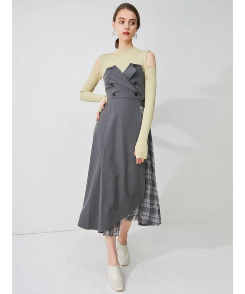 MERCURYDUO(マーキュリーデュオ)の「チェックプリーツドッキング2WAYジャンスカ(ジャンパースカート・レディース・グレー/ブラウン・FREE)」の3枚目の写真