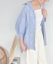 AS KNOW AS plus | ♪Wポケットシンプル5分袖ストライプシャツ(シャツ/ブラウス)