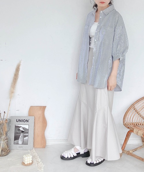 AS KNOW AS plus（アズノゥアズプラス）の「♪Wポケットシンプル5分袖ストライプシャツ（シャツ/ブラウス・レディース・グリーン系その他/ブラック系その他/ブルー系その他・FREE）」の7枚目の写真