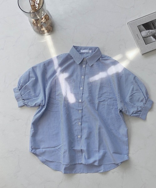 AS KNOW AS plus（アズノゥアズプラス）の「♪Wポケットシンプル5分袖ストライプシャツ（シャツ/ブラウス・レディース・グリーン系その他/ブラック系その他/ブルー系その他・FREE）」の10枚目の写真