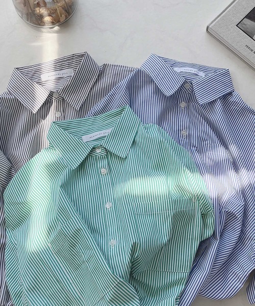 AS KNOW AS plus（アズノゥアズプラス）の「♪Wポケットシンプル5分袖ストライプシャツ（シャツ/ブラウス・レディース・グリーン系その他/ブラック系その他/ブルー系その他・FREE）」の11枚目の写真