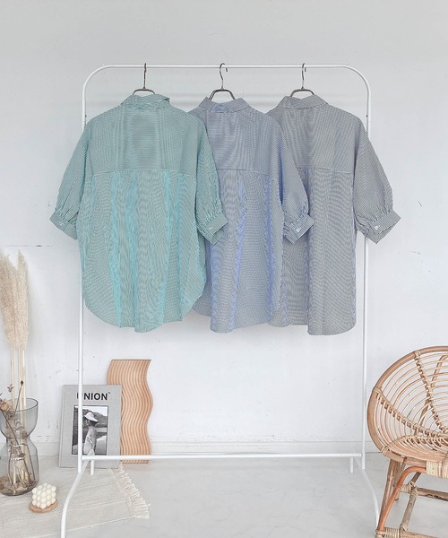 AS KNOW AS plus（アズノゥアズプラス）の「♪Wポケットシンプル5分袖ストライプシャツ（シャツ/ブラウス・レディース・グリーン系その他/ブラック系その他/ブルー系その他・FREE）」の15枚目の写真