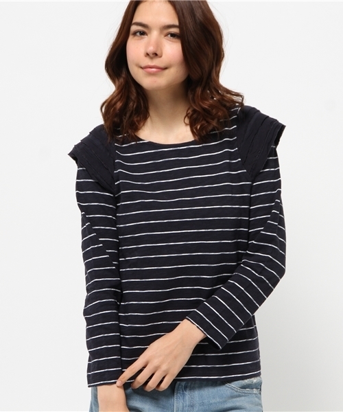 Kastane（カスタネ）の「【Kastane】断ち切り肩フリルプルオーバー（ニット/セーター・レディース・ネイビー/ホワイト/グレー・FREE）」の3枚目の写真