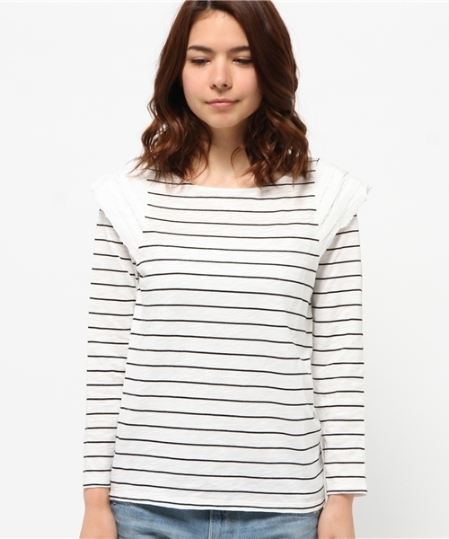 Kastane（カスタネ）の「【Kastane】断ち切り肩フリルプルオーバー（ニット/セーター・レディース・ネイビー/ホワイト/グレー・FREE）」の10枚目の写真