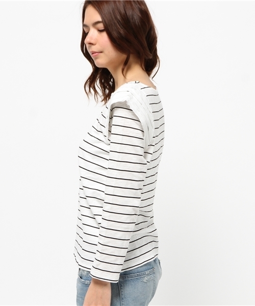 Kastane（カスタネ）の「【Kastane】断ち切り肩フリルプルオーバー（ニット/セーター・レディース・ネイビー/ホワイト/グレー・FREE）」の9枚目の写真