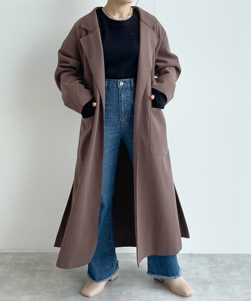 w closet（ダブルクローゼット）の「ベルト付ダブルフェイスロングコート（チェスターコート・レディース・グレイッシュベージュ/アイボリー/ブラウン・FREE）」の3枚目の写真