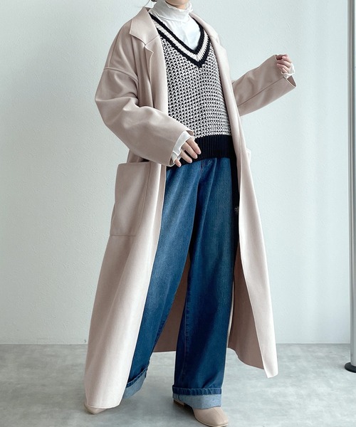 w closet（ダブルクローゼット）の「ベルト付ダブルフェイスロングコート（チェスターコート・レディース・グレイッシュベージュ/アイボリー/ブラウン・FREE）」の17枚目の写真