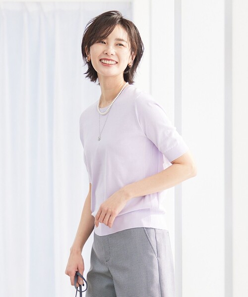 J.PRESS(ジェイプレス)の「【洗える】 BASIC HI-COTTON クルーネック ニット(ニット/セーター・レディース・ライトグリーン系/ネイビー系/ライトグレー系/ふじ色系/ピンク系・T13/T15)」の4枚目の写真