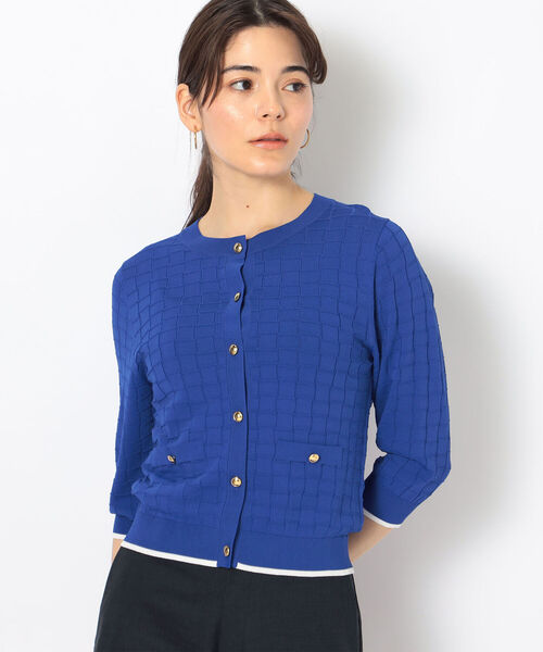 NOLLEY’S(ノーリーズ)の「《手洗い可能》リンクス柄6分袖カーディガン(カーディガン/ボレロ・レディース・ブラック/ブルー/レッド/オフホワイト・38)」の1枚目の写真