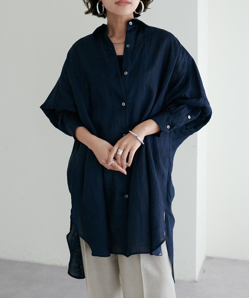 LARUTA(ラルータ)の「【LARUTA】リネンカラービッグシャツ(シャツ/ブラウス・レディース・ネイビー/オフホワイト/グリーン/ピンク・FREE)」の3枚目の写真