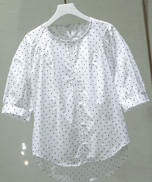 DAY CLOSET(デイ クローゼット)の「レディース 半袖フリルパフスリーブバックキリカエリボンブラウス(シャツ/ブラウス・レディース・ドット/ホワイト・ONE SIZE)」の7枚目の写真