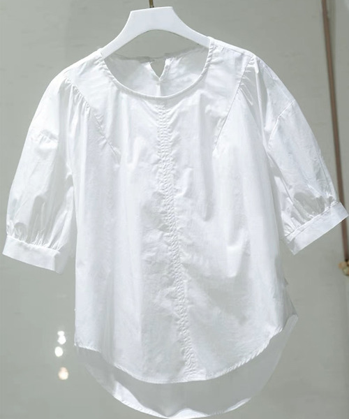 DAY CLOSET(デイ クローゼット)の「レディース 半袖フリルパフスリーブバックキリカエリボンブラウス(シャツ/ブラウス・レディース・ドット/ホワイト・ONE SIZE)」の4枚目の写真