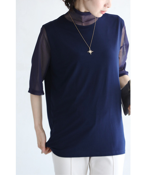 tシャツ 二の腕ふくよかさん用 シアーハイネックのスタメンＴシャツ レディース 二の腕ふくよかさん用 シアーハイネックのスタメンTシャツ（T