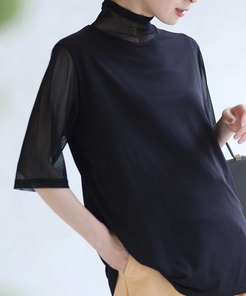 tシャツ 二の腕ふくよかさん用 シアーハイネックのスタメンＴシャツ レディース 二の腕ふくよかさん用 シアーハイネックのスタメンTシャツ（T