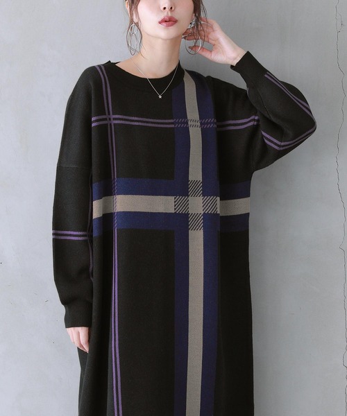 n'OrLABEL(ノアールレーベル)の「『チェック柄ジャカードニットワンピース』(ワンピース・レディース・ブラック/モカ・FREE)」の7枚目の写真