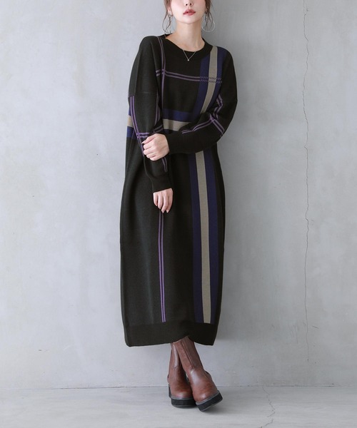 n'OrLABEL(ノアールレーベル)の「『チェック柄ジャカードニットワンピース』(ワンピース・レディース・ブラック/モカ・FREE)」の8枚目の写真