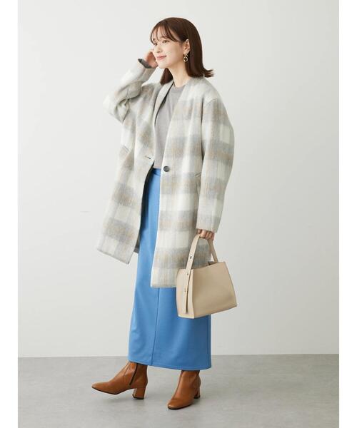 Green Parks(グリーンパークス)の「コクーンシルエットチェックシャギーコート(ノーカラーコート・レディース・ブラック/グレー・FREE)」の5枚目の写真