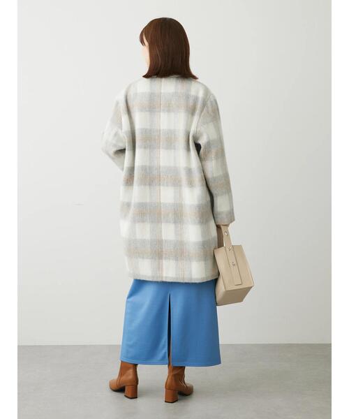 Green Parks(グリーンパークス)の「コクーンシルエットチェックシャギーコート(ノーカラーコート・レディース・ブラック/グレー・FREE)」の7枚目の写真