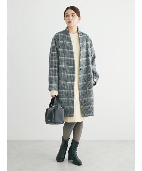 Green Parks(グリーンパークス)の「コクーンシルエットチェックシャギーコート(ノーカラーコート・レディース・ブラック/グレー・FREE)」の19枚目の写真