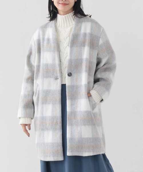Green Parks(グリーンパークス)の「コクーンシルエットチェックシャギーコート(ノーカラーコート・レディース・ブラック/グレー・FREE)」の2枚目の写真