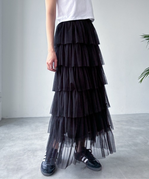 EPIMI E'PIMMY（エピミエピミー）の「ティアードラメチュールスカート（スカート・レディース・チャコールグレー/ブラック/ピンクベージュ/アイボリー・MEDIUM）」の2枚目の写真