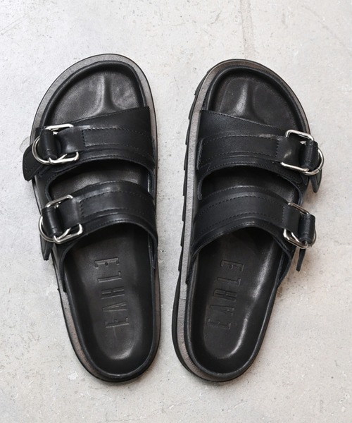EARLE アール 牛革 バックストラップ サンダル 41 / ER4301 EARLE - Double buckle footbed sandals / Black | Retikle
