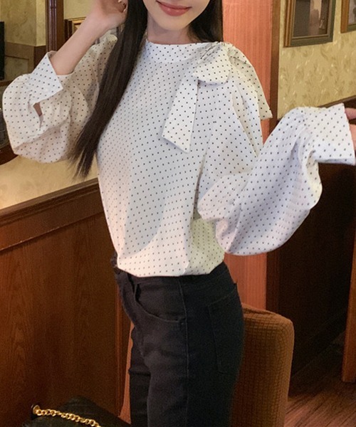gossip！ロサンゼルス（ゴシップロサンゼルス）の「YUGA　スタンドカラー　ドット柄トップス（シャツ/ブラウス・レディース・ブラック/ホワイト・FREE）」の9枚目の写真