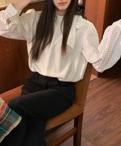 gossip！ロサンゼルス（ゴシップロサンゼルス）の「YUGA　スタンドカラー　ドット柄トップス（シャツ/ブラウス・レディース・ブラック/ホワイト・FREE）」の7枚目の写真