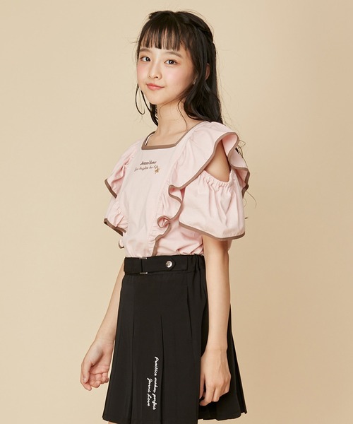 GOLDS♡フロントラッフルフリル♡肩出しオフショルトップス♡ブラック×ピンク オフショルダー トップス レディース オフショル 肩出し