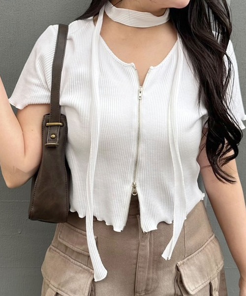 OLIVE des OLIVE(オリーブデオリーブ)の「ナロータイ付きジップアップ 1041060840(Tシャツ/カットソー・レディース・ピンク/オフホワイト/チャコールグレー/ブラック・FREE)」の1枚目の写真