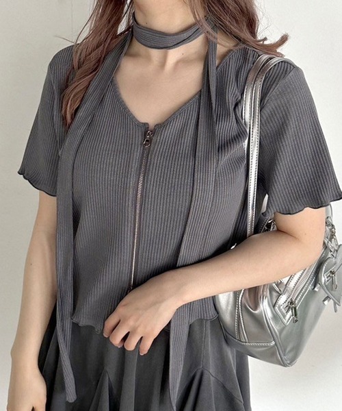 OLIVE des OLIVE(オリーブデオリーブ)の「ナロータイ付きジップアップ 1041060840(Tシャツ/カットソー・レディース・ピンク/オフホワイト/チャコールグレー/ブラック・FREE)」の3枚目の写真