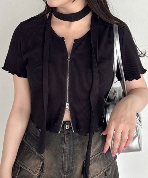 OLIVE des OLIVE(オリーブデオリーブ)の「ナロータイ付きジップアップ 1041060840(Tシャツ/カットソー・レディース・ピンク/オフホワイト/チャコールグレー/ブラック・FREE)」の2枚目の写真