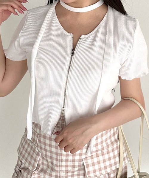 OLIVE des OLIVE(オリーブデオリーブ)の「ナロータイ付きジップアップ 1041060840(Tシャツ/カットソー・レディース・ピンク/オフホワイト/チャコールグレー/ブラック・FREE)」の6枚目の写真