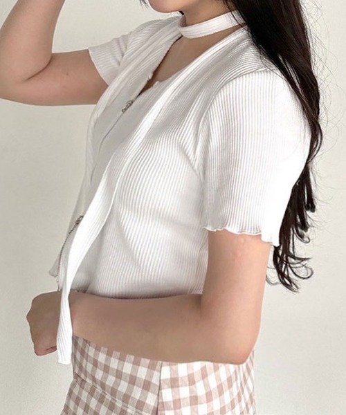 OLIVE des OLIVE(オリーブデオリーブ)の「ナロータイ付きジップアップ 1041060840(Tシャツ/カットソー・レディース・ピンク/オフホワイト/チャコールグレー/ブラック・FREE)」の7枚目の写真