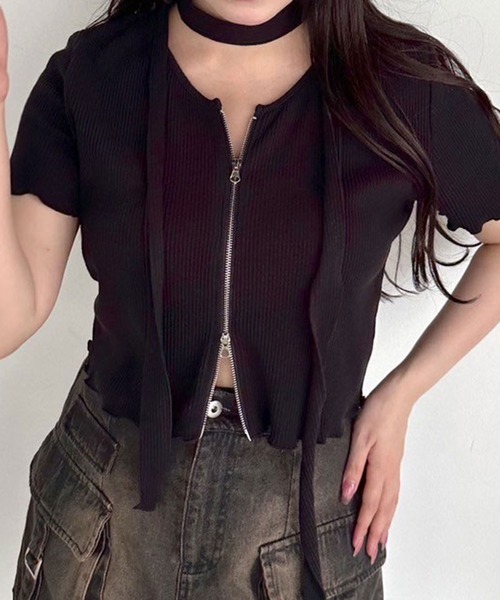 OLIVE des OLIVE(オリーブデオリーブ)の「ナロータイ付きジップアップ 1041060840(Tシャツ/カットソー・レディース・ピンク/オフホワイト/チャコールグレー/ブラック・FREE)」の9枚目の写真