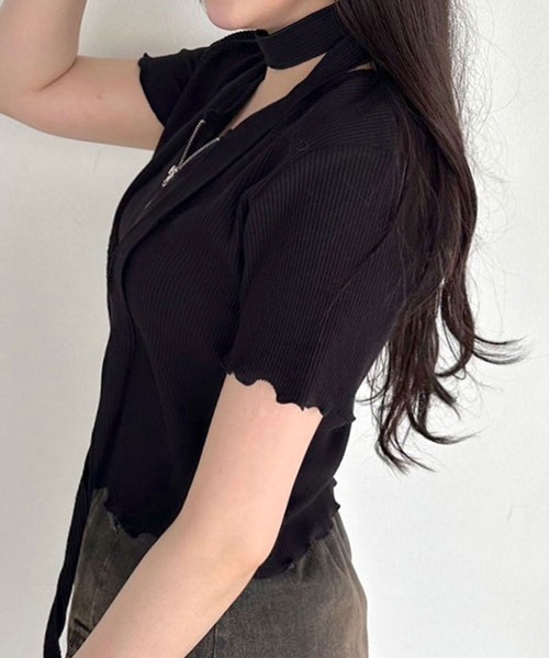 OLIVE des OLIVE(オリーブデオリーブ)の「ナロータイ付きジップアップ 1041060840(Tシャツ/カットソー・レディース・ピンク/オフホワイト/チャコールグレー/ブラック・FREE)」の10枚目の写真