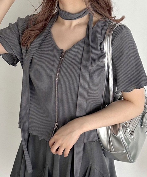 OLIVE des OLIVE(オリーブデオリーブ)の「ナロータイ付きジップアップ 1041060840(Tシャツ/カットソー・レディース・ピンク/オフホワイト/チャコールグレー/ブラック・FREE)」の12枚目の写真