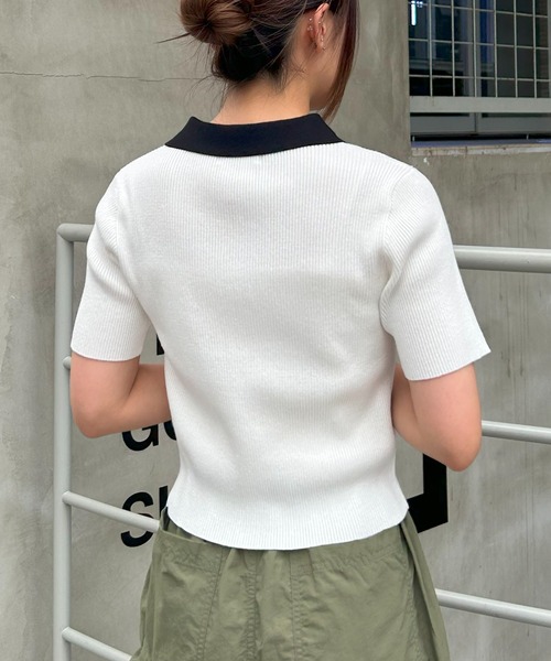 セール】ハーフジップ胸刺繍配色半袖ニット（ニット/セーター