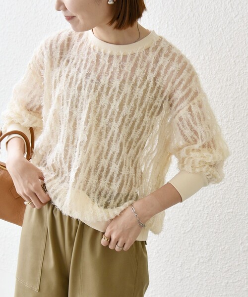 SHIPS any(シップス エニィ)の「SHIPS any:〈手洗い可能〉フリンジ チュール プルオーバー(Tシャツ/カットソー・レディース・オフホワイト/ブラック・ONE SIZE)」の1枚目の写真