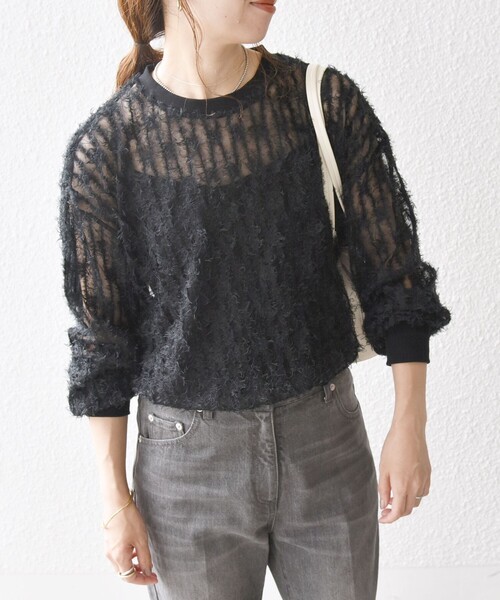 SHIPS any(シップス エニィ)の「SHIPS any:〈手洗い可能〉フリンジ チュール プルオーバー(Tシャツ/カットソー・レディース・オフホワイト/ブラック・ONE SIZE)」の3枚目の写真