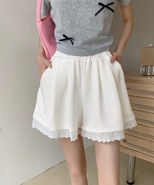 裾レース ハイウエスト スウェットショートパンツ（スウェット