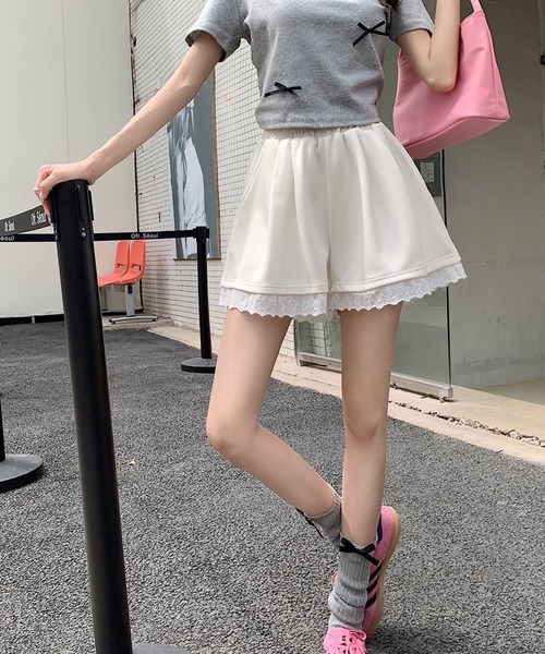国内発送★VS★ハイウエスト♡スウェットショートパンツ 裾レース ハイウエスト スウェットショートパンツ（スウェット